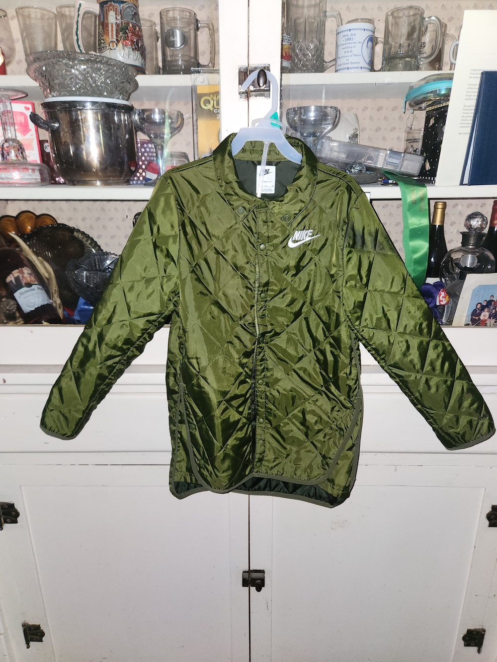 Kids Nike Olive Green Quilted Jacket with White Logo